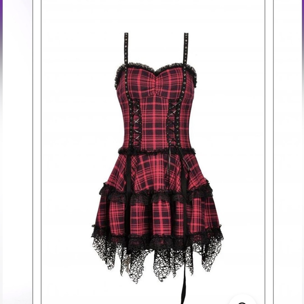 Red Plaid Corset Dress with Black Lace